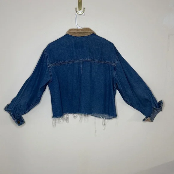 Made in USA Denim Jacket Corduroy Collar Cuffs Women’s Large Cropped Size L - Picture 12 of 16